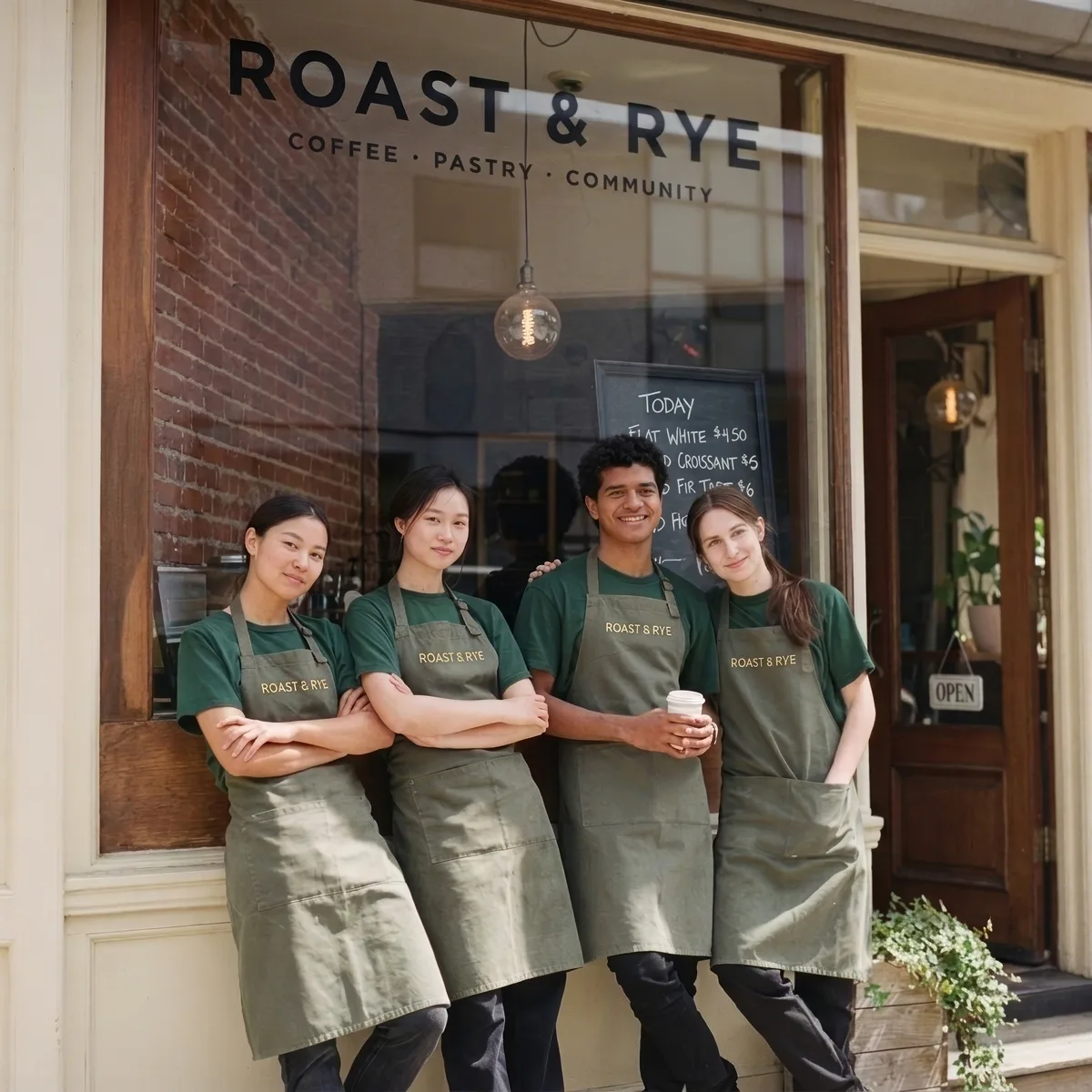 Four smiling cafe staff in green aprons stand outside Roast & Rye coffee shop.