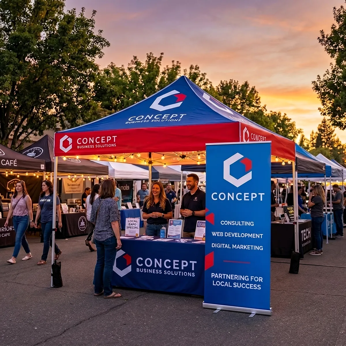 Concept Business Solutions booth at outdoor expo during sunset with people talking and walking nearby.