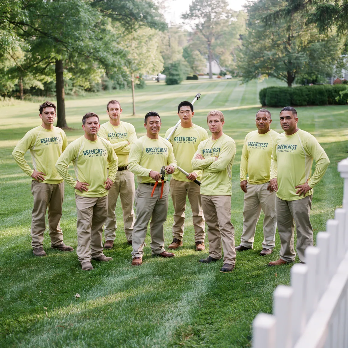 Eight men in Greencrest Landscaping uniforms standing on a striped grassy lawn with tools.