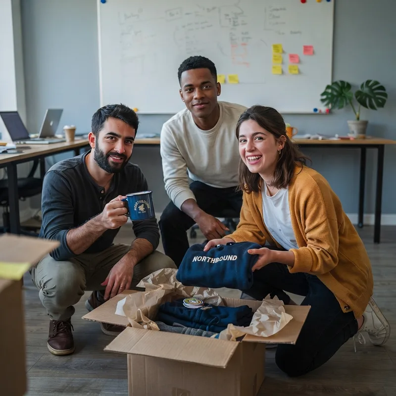 Three coworkers smiling with a boxed shipment of clothing labeled Northbound in an office.