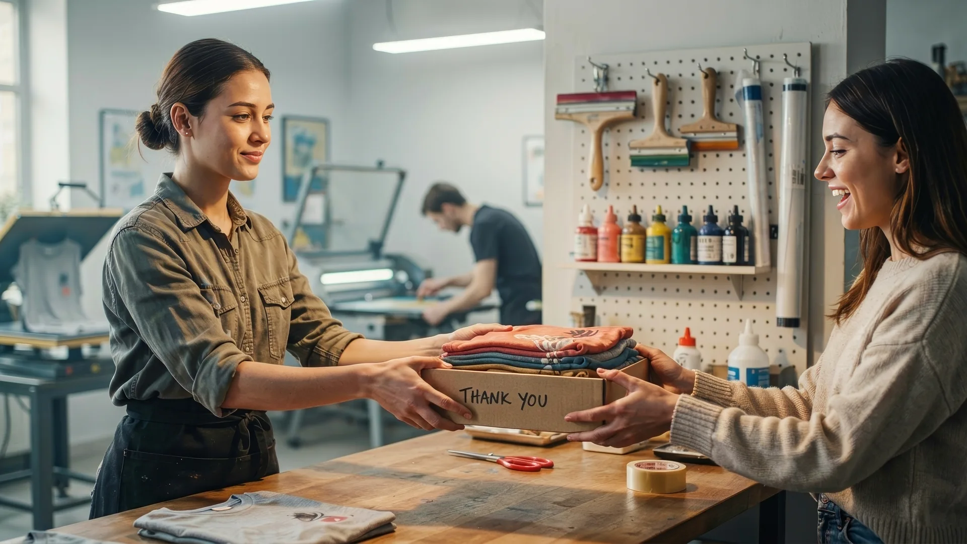Shop worker handing a thank-you box with folded t-shirts to a smiling customer at a wood counter.
