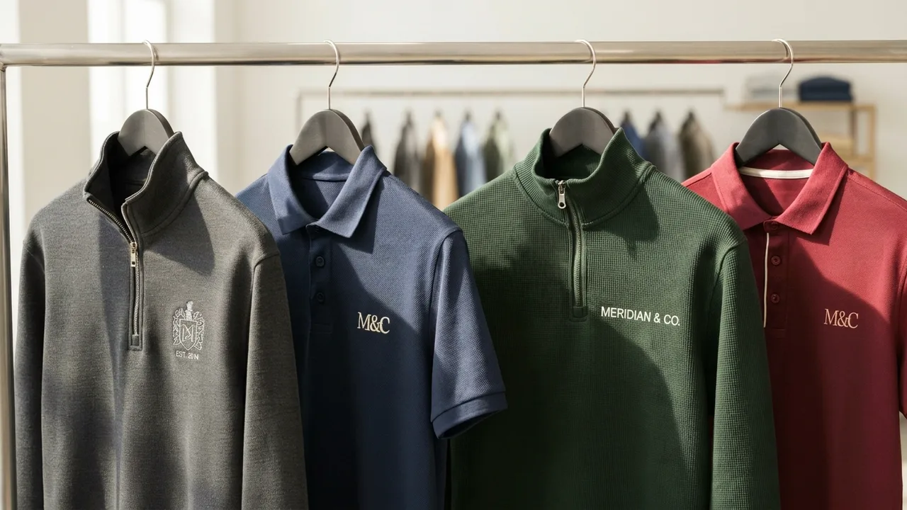Four branded garments hanging: gray and green zip-up sweaters, navy and red polo shirts with logos.