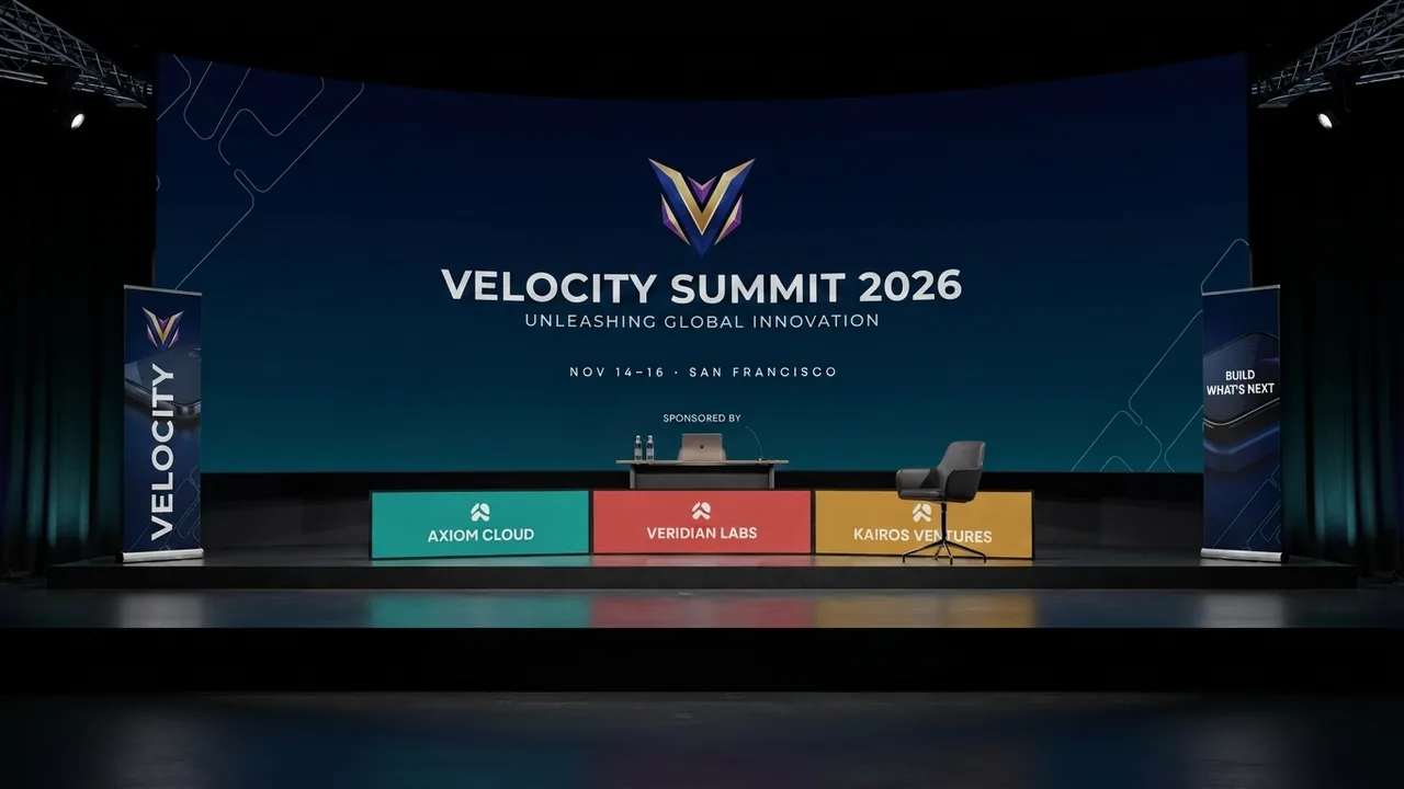 Empty stage at Velocity Summit 2026 with sponsor logos and banners in a conference venue.