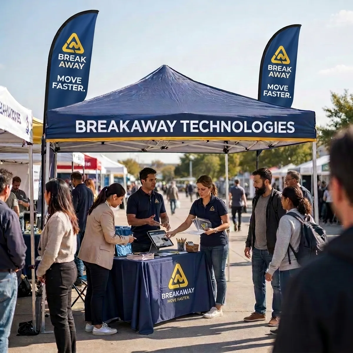 Breakaway Technologies booth with staff handing out info to visitors at an outdoor event with banners and tents.