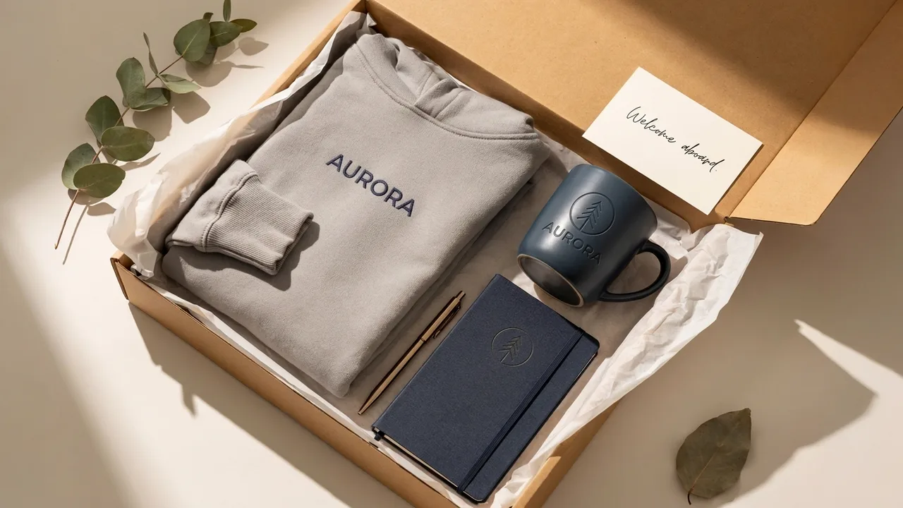 Gift box with gray Aurora sweatshirt, blue Aurora mug, navy notebook, pen, and welcome card.