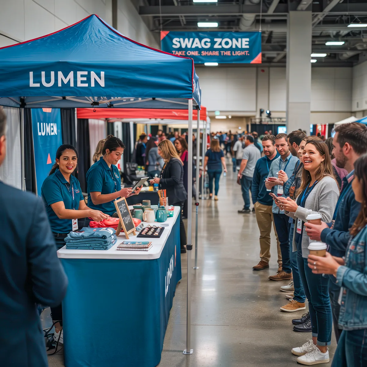 People at a Lumen booth in a convention hall with a line of attendees and a 'Swag Zone' sign overhead.
