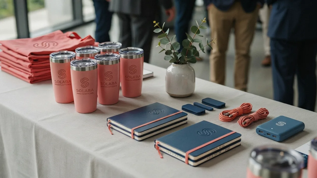 Table with branded giveaways including pink tumblers, blue notebooks, cables, and a plant in a vase.