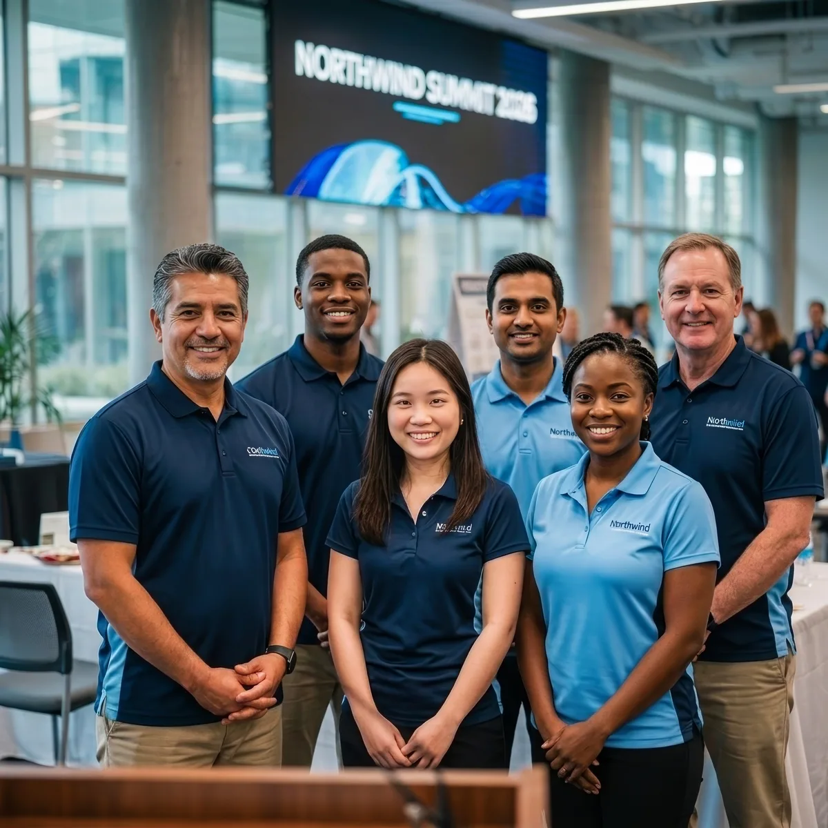 Six diverse professionals in Northwind shirts smiling and standing in a modern conference venue.
