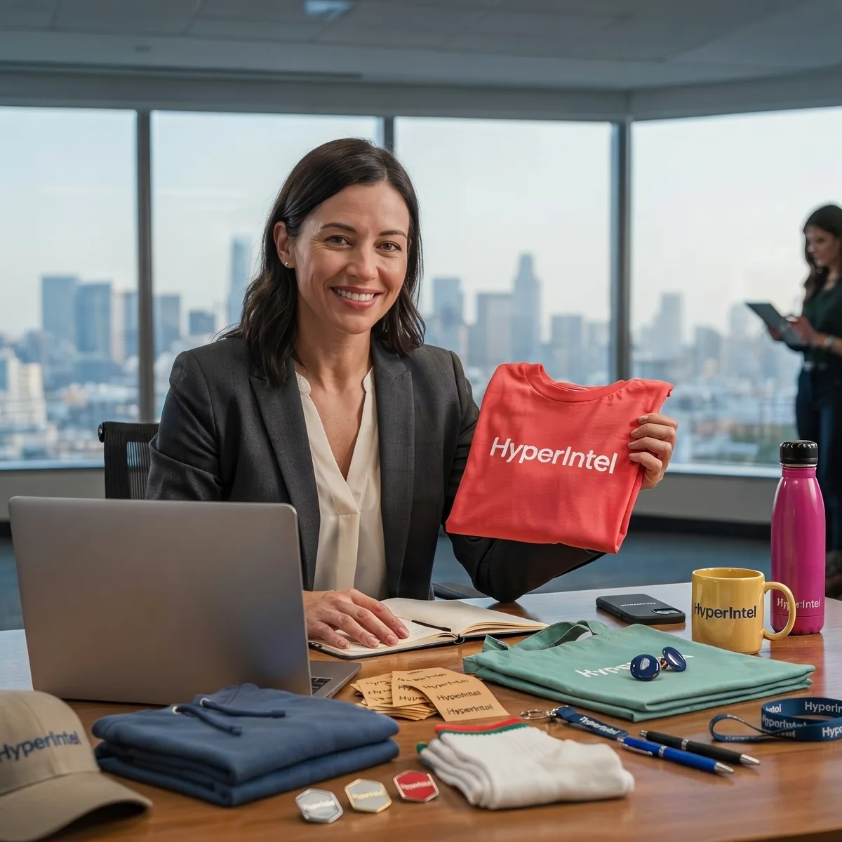 Smiling businesswoman holding red HyperIntel shirt at desk with branded merchandise and laptop.