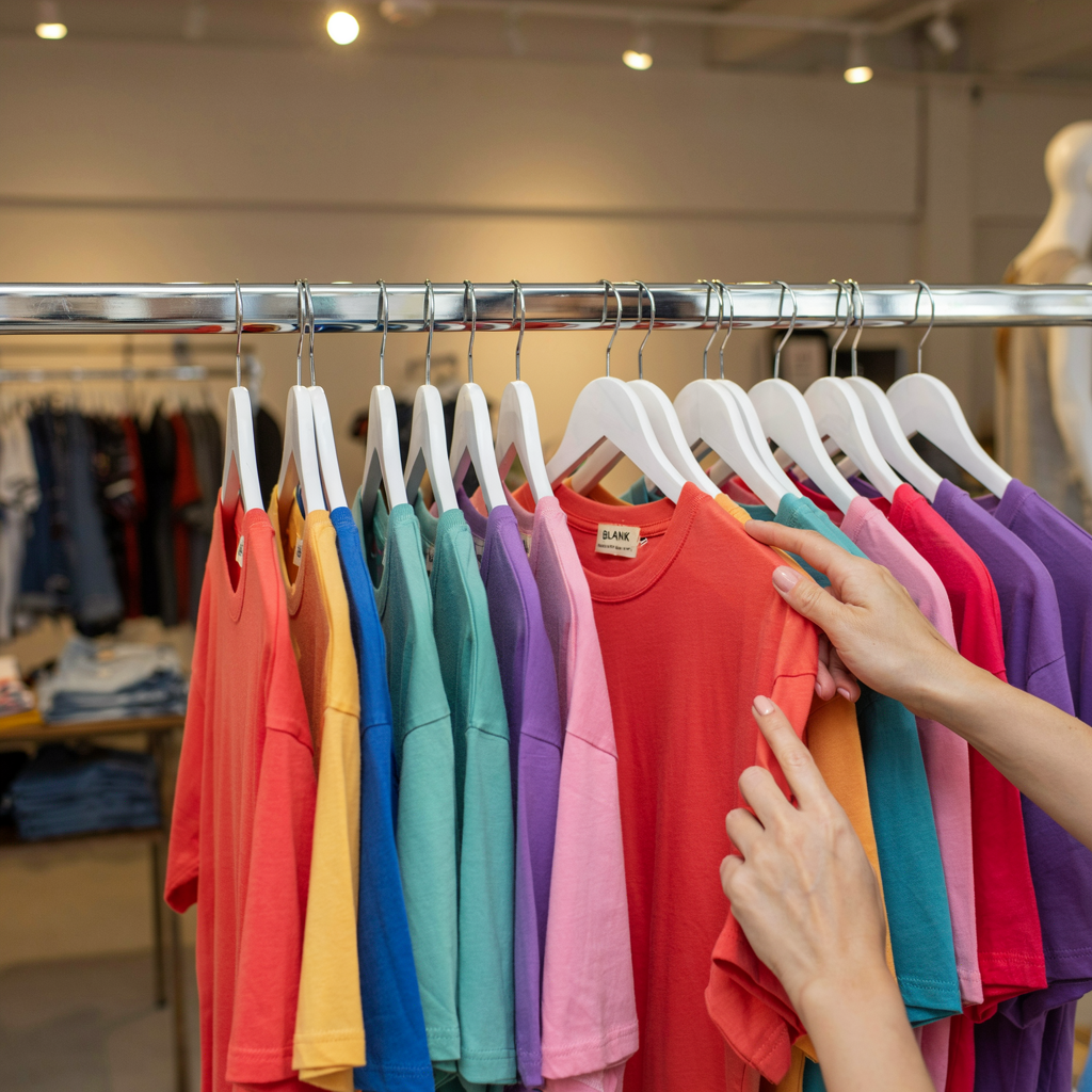 Person browsing colorful t-shirts hanging on white hangers in a clothing store.