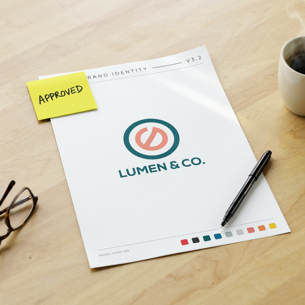 Paper with LUMEN & CO. logo, color palette, and an approved sticky note on a wooden desk.