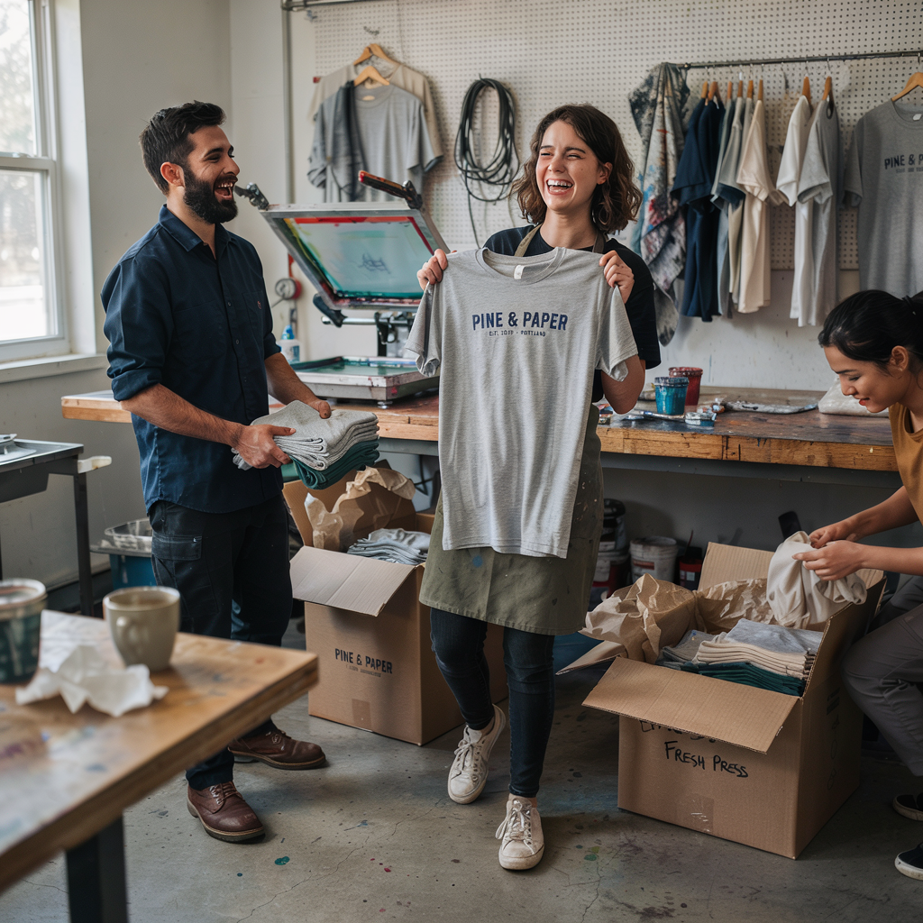 Three people sorting and holding printed Pine & Paper t-shirts in a workshop.
