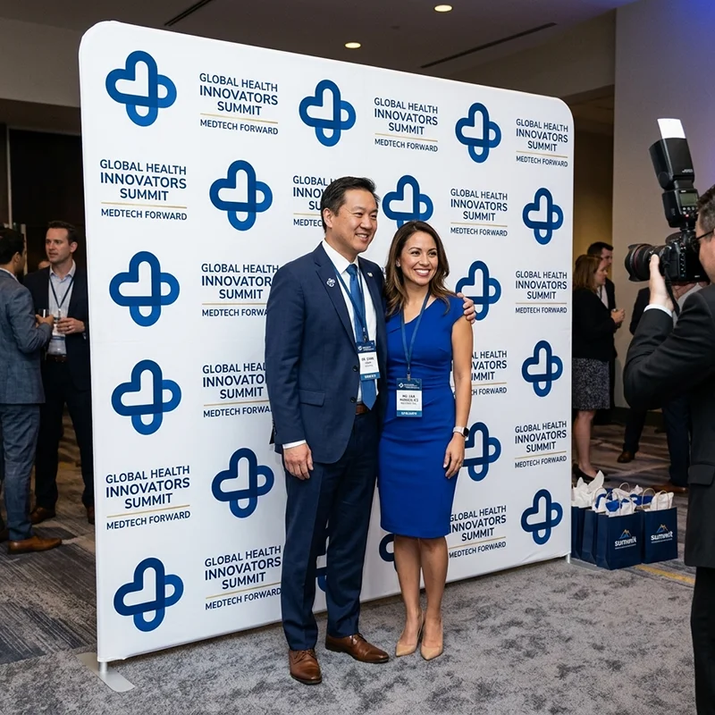 Two people smiling and posing for a photo in front of a Global Health Innovators Summit backdrop.