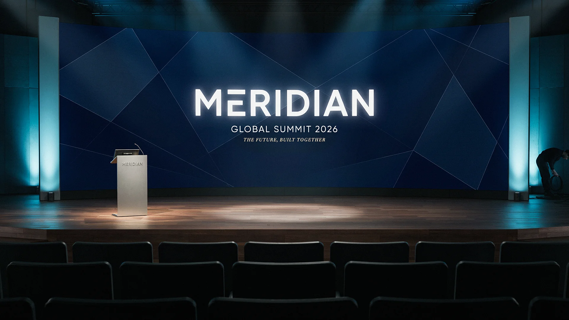 Empty auditorium stage with podium and screen displaying Meridian Global Summit 2026 logo and tagline.
