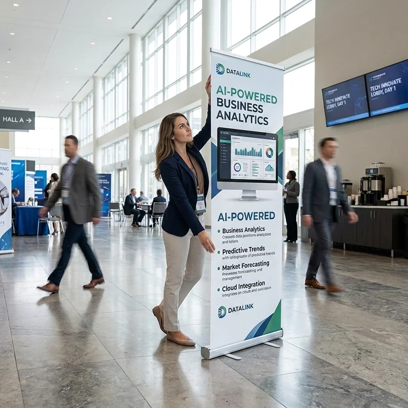 Woman adjusting a retractable banner for AI-powered business analytics at a conference hall.
