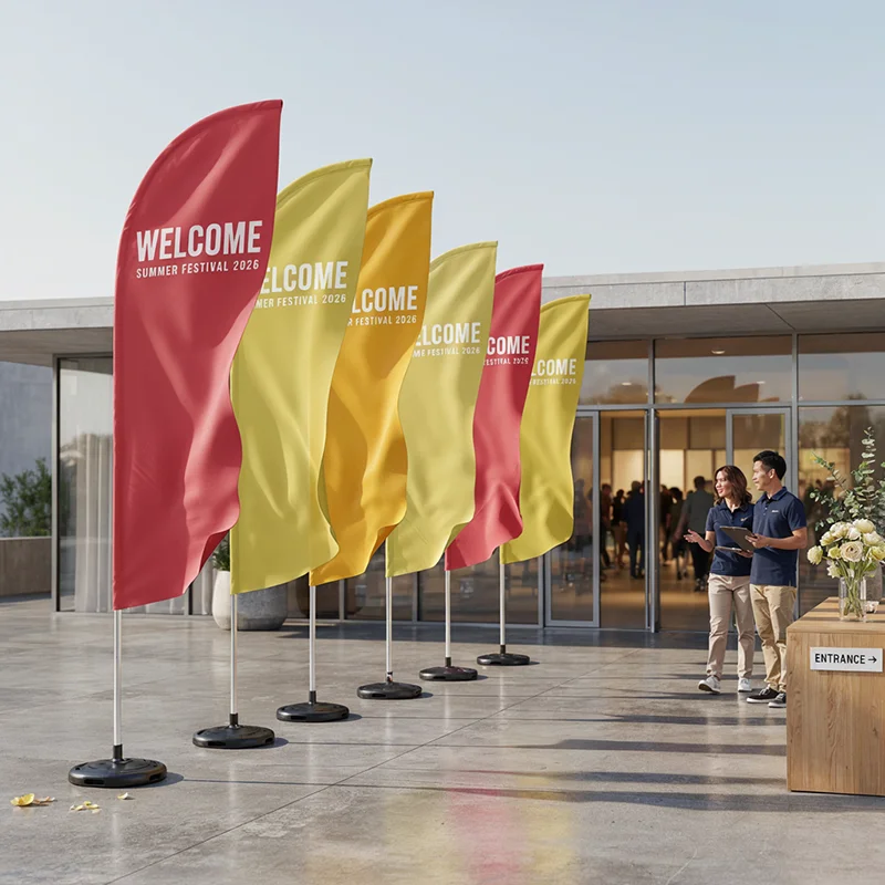 Colorful flags saying Welcome Summer Festival 2026 outside a modern building with two staff members by the entrance sign.