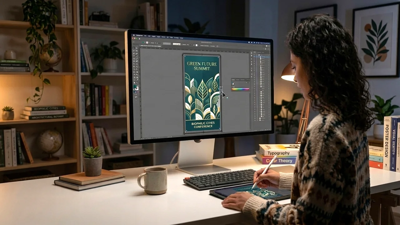Woman working on graphic design for Green Future Summit on tablet and monitor at desk.