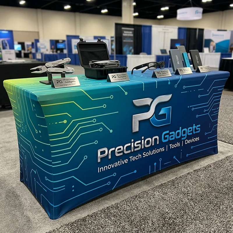 Trade show table with Precision Gadgets cover displaying tech tools including multitool, drone, glasses, and power banks.