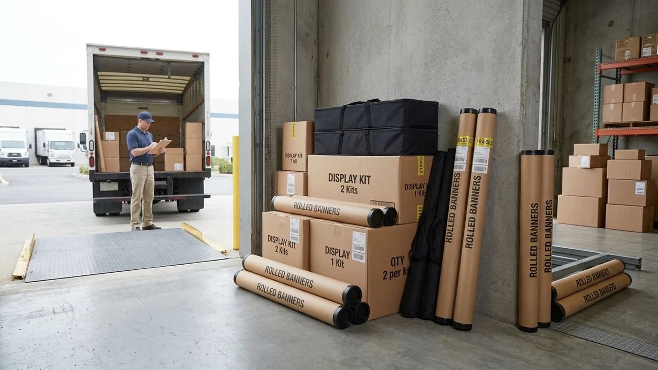 Worker with clipboard checks boxes and rolled banners stacked in warehouse near open delivery truck.