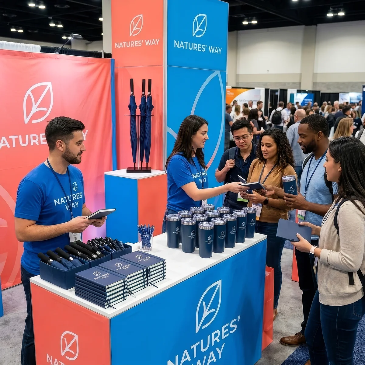 Trade show booth for Natures' Way with staff handing out branded notebooks and tumblers to visitors.