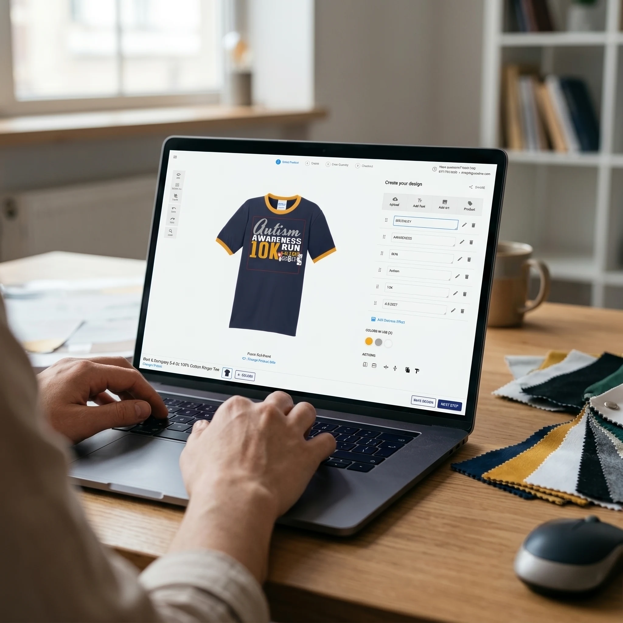 Person designing an Autism Awareness 10K Run t-shirt on a laptop at a wooden desk.