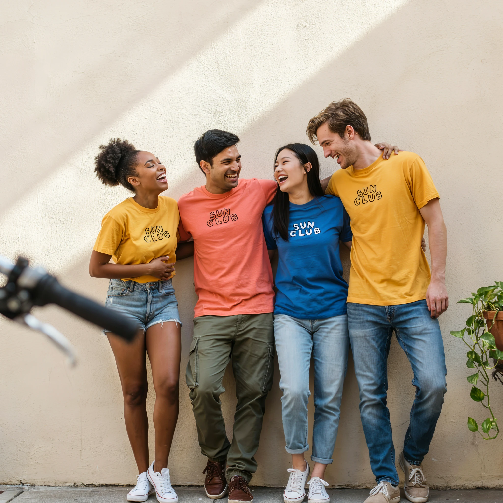 Four friends laugh together wearing colorful Sun Club t-shirts, standing against a beige wall.