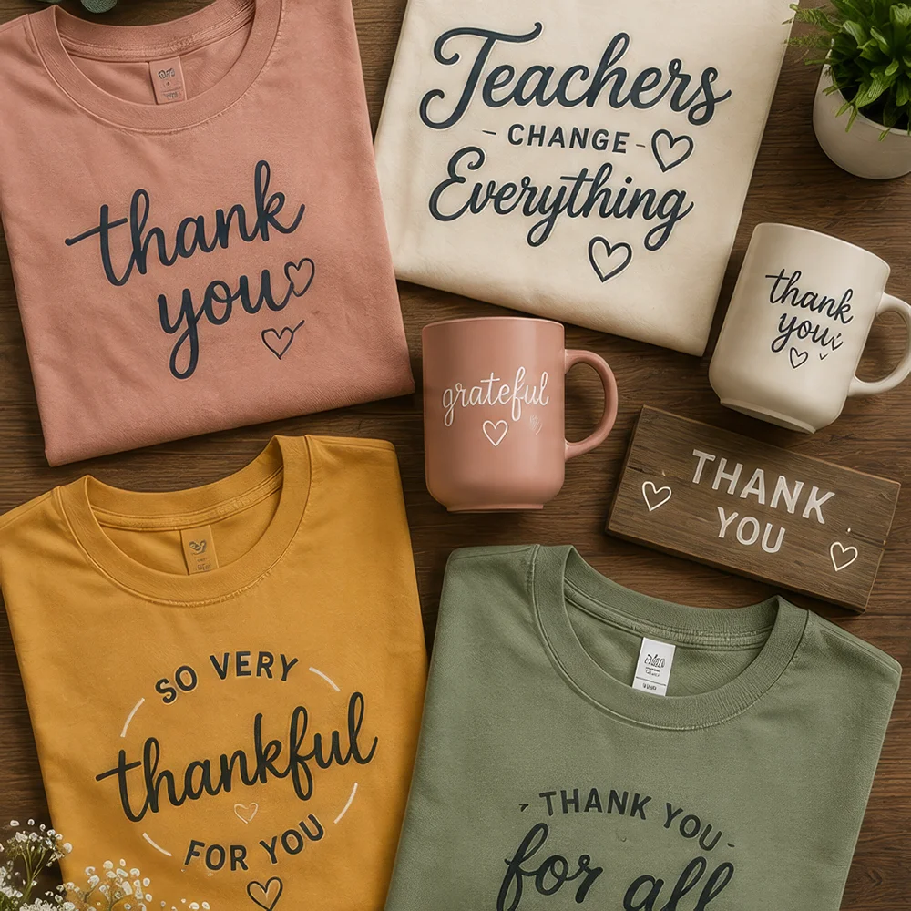 Flat lay of shirts, mugs, and sign with thank you and grateful messages on wooden surface.