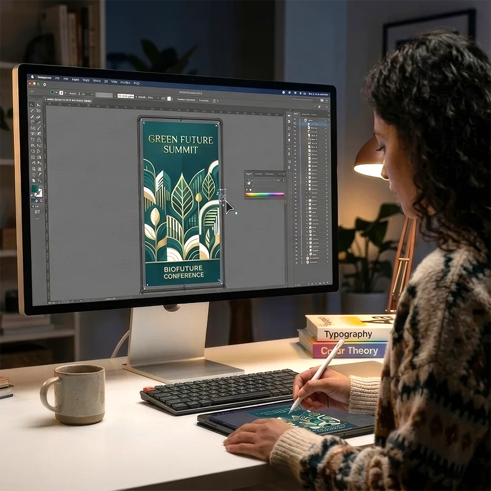 Person using a stylus on a tablet to design a Green Future Summit poster on a desktop monitor.