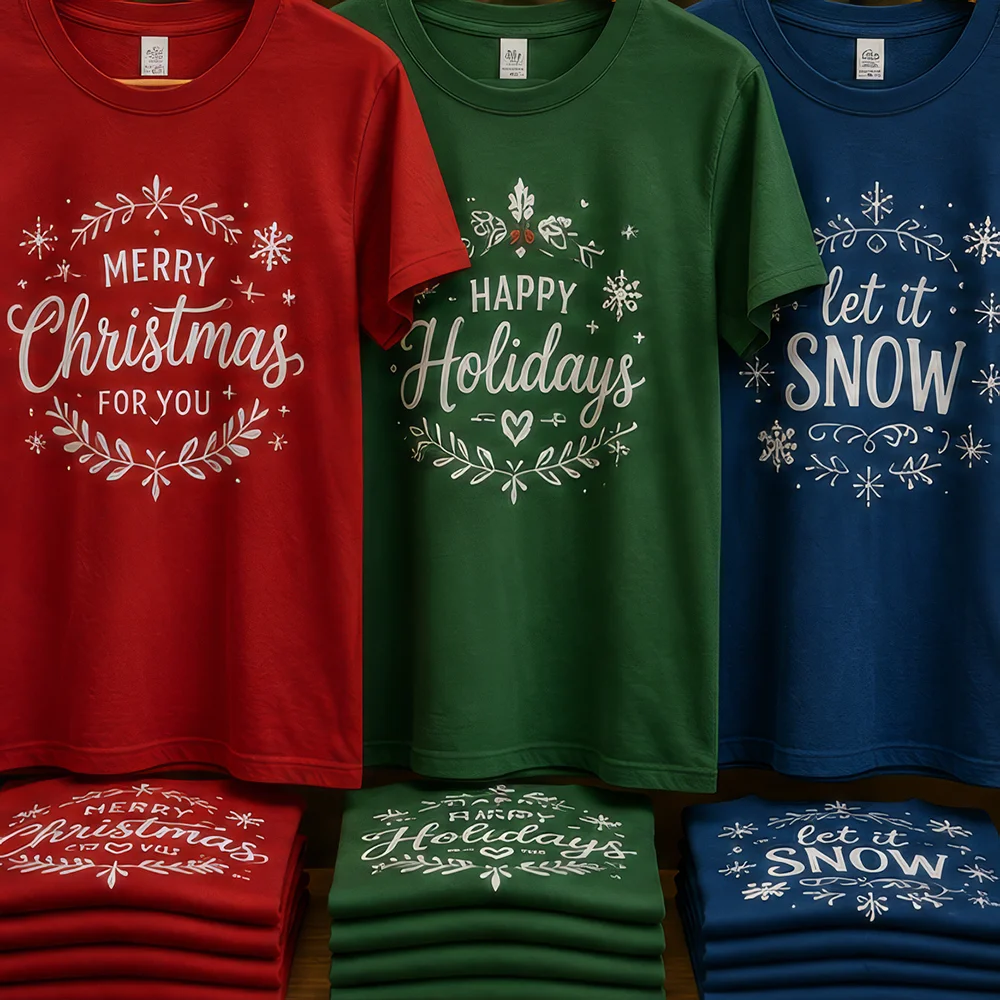 Red, green, and blue holiday-themed t-shirts with festive messages and matching folded stacks below.