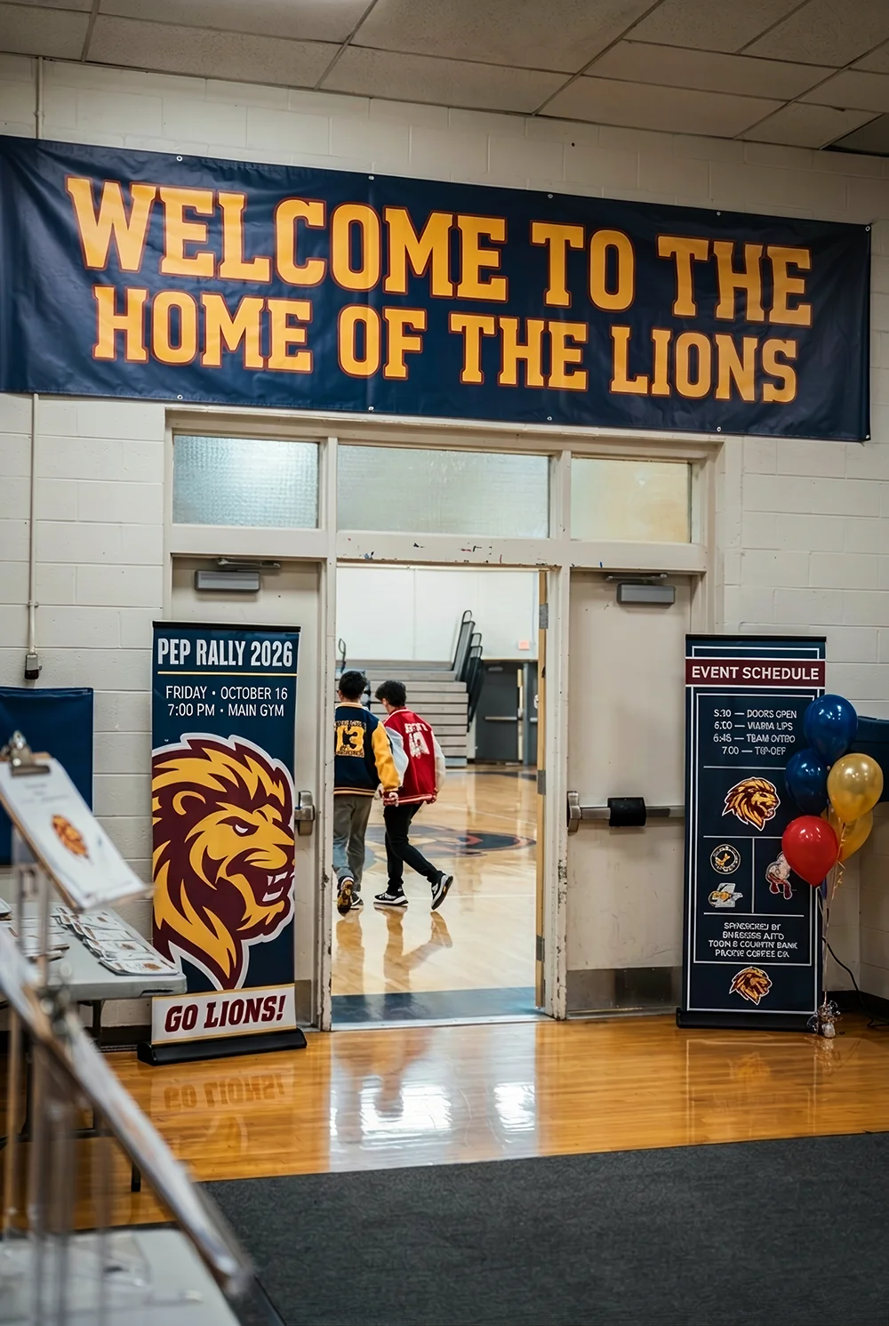 Gym entrance with banner 'Welcome to the Home of the Lions' and signs for Pep Rally 2026 and event schedule.
