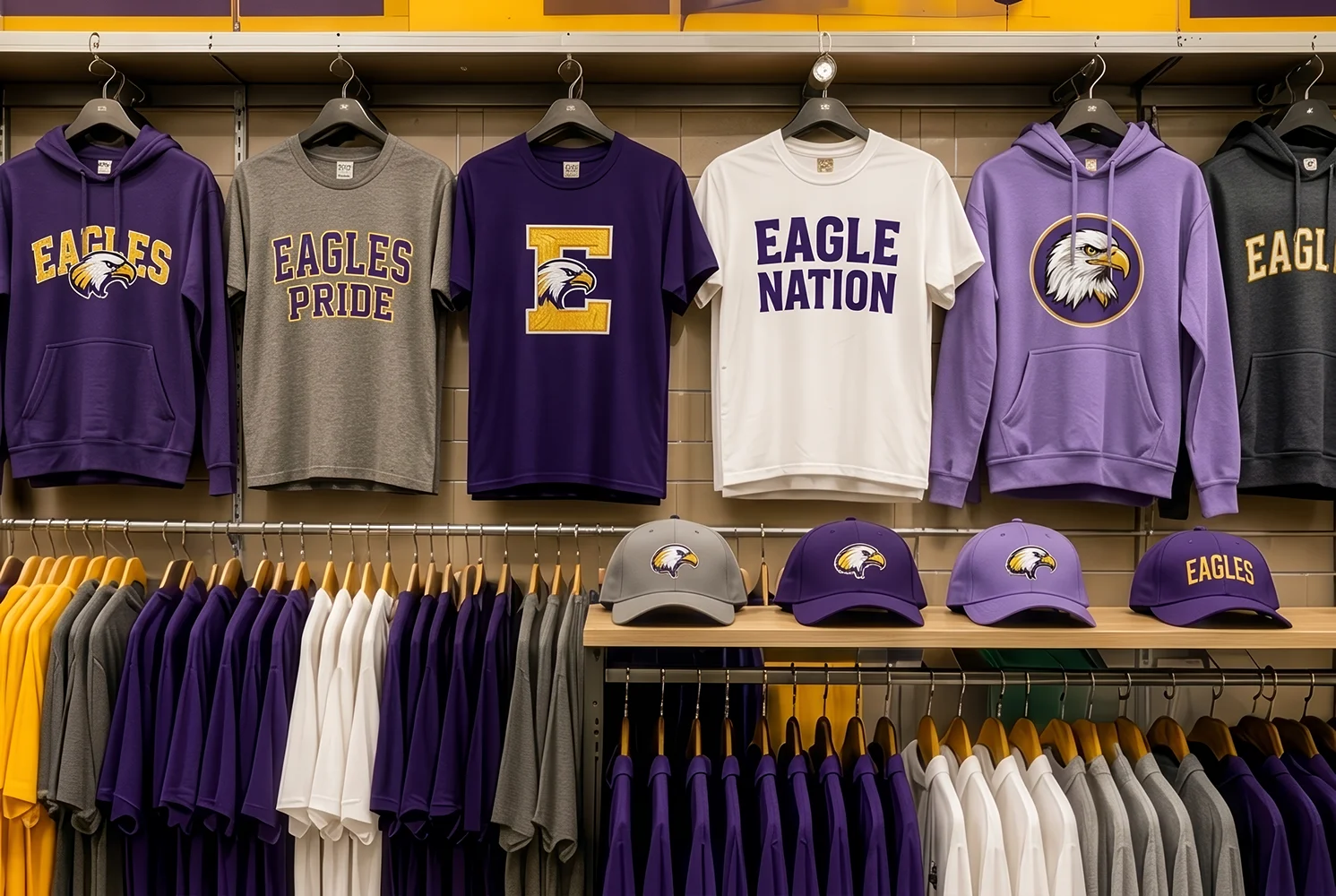 Clothing display of hoodies, t-shirts, and caps with Eagles logos and slogans in purple, gray, and white.