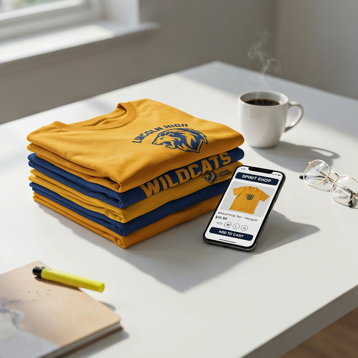Stack of yellow and blue Lincoln High Wildcats T-shirts next to a phone with spirit shop app, coffee, and glasses.