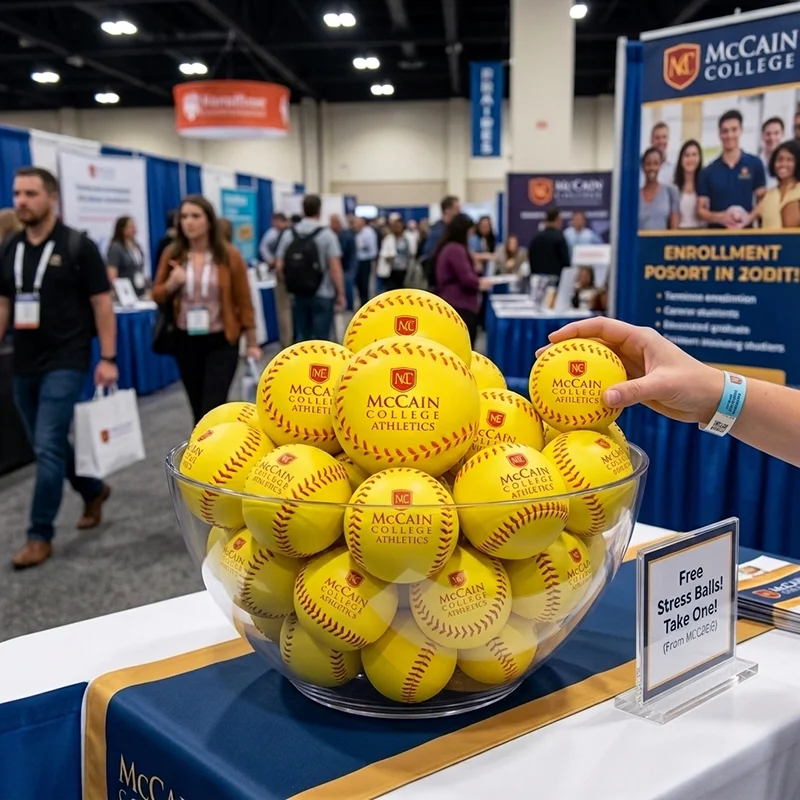 Hand reaching for yellow McCain College Athletics stress ball in a bowl at a busy trade show booth.