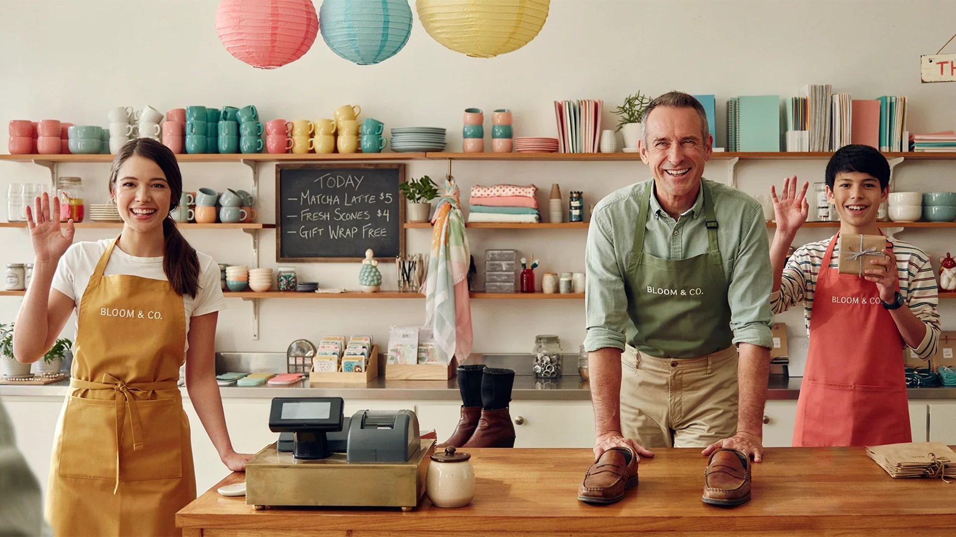 Three shop workers in aprons smiling and waving behind a wooden counter in a cozy store.