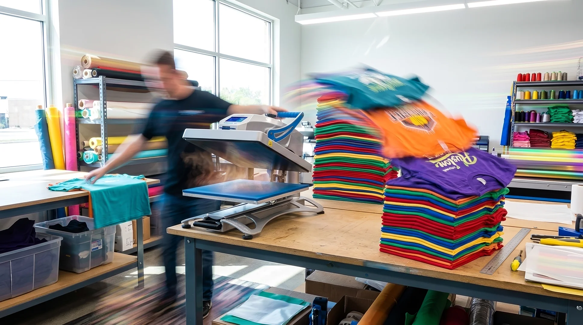 Worker using heat press machine to print colorful stacked T-shirts in a bright textile workshop.