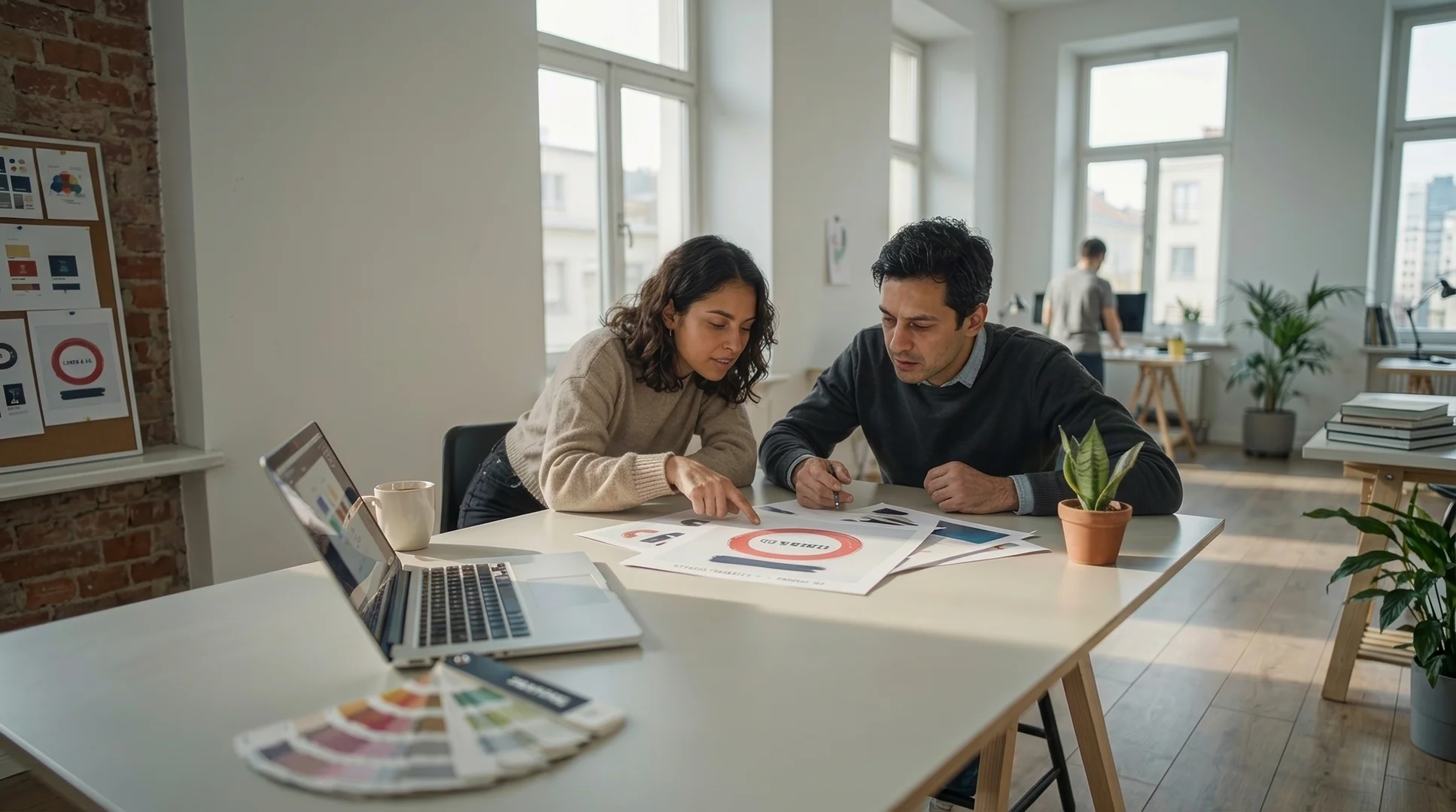 Two people discussing documents at a desk with a laptop, plant, and color swatches in bright office.