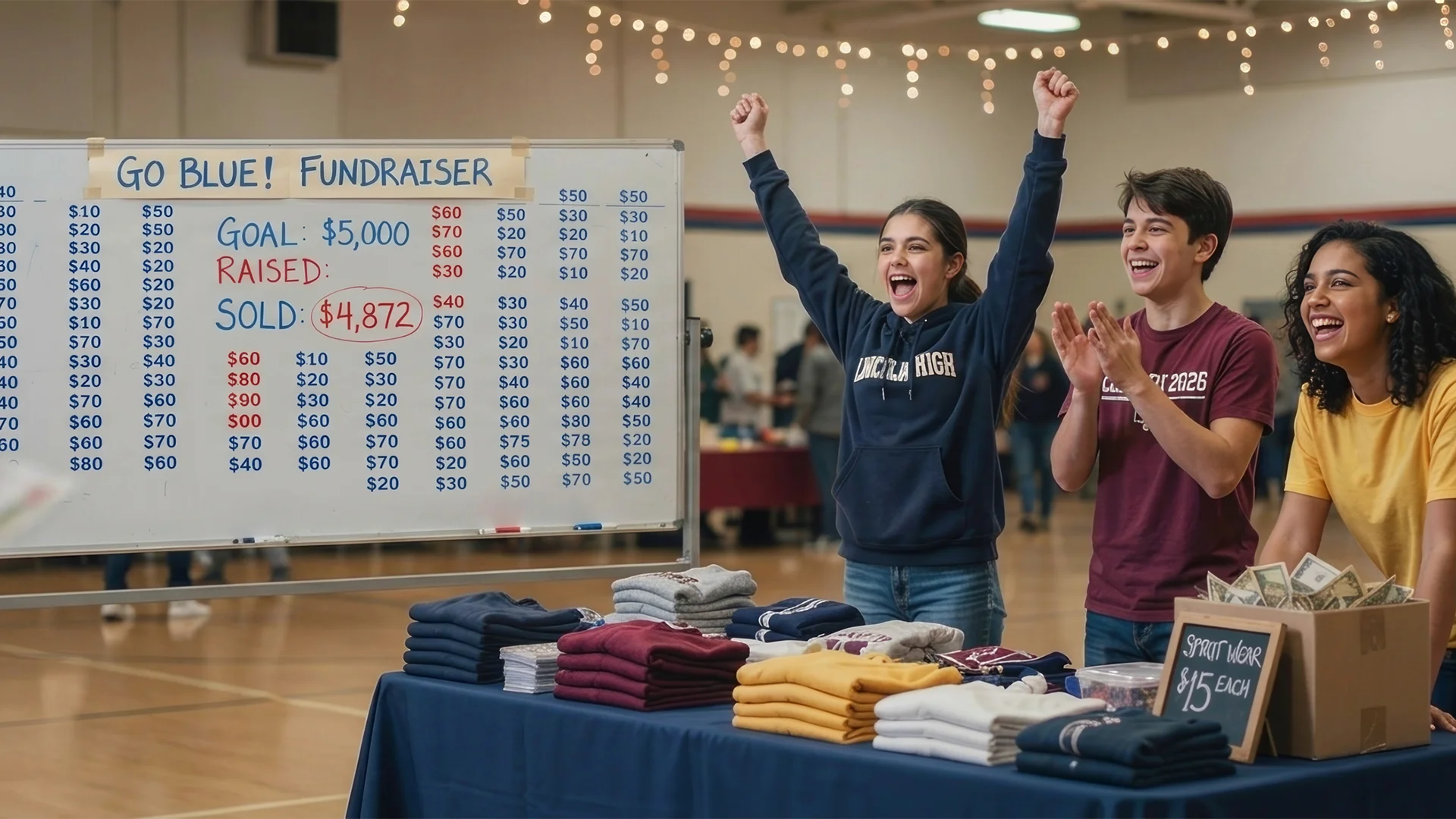 Three teens cheer at a fundraiser table with folded sweatshirts and a board showing a $4,872 sales total.