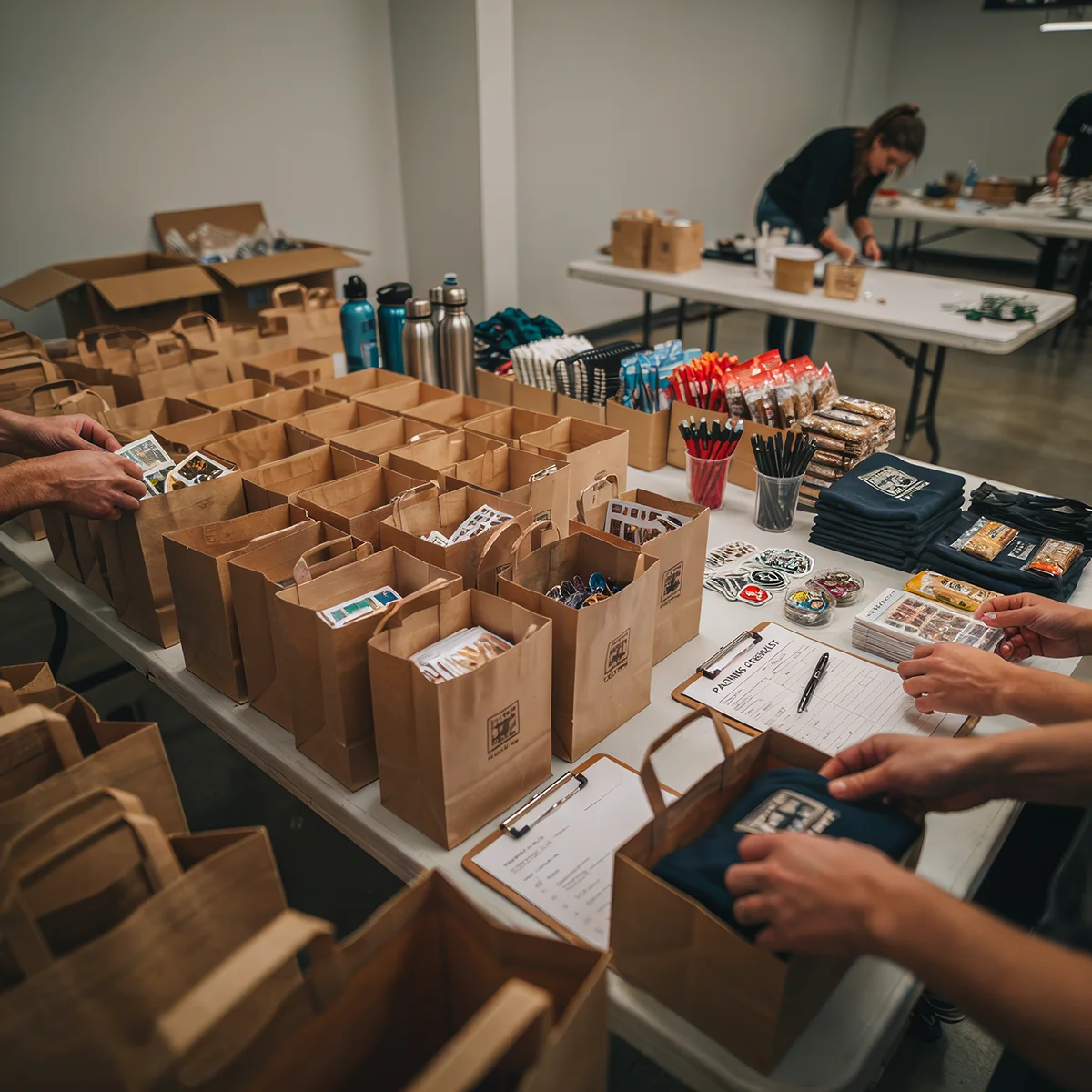 People filling brown paper gift bags lined on tables with various items like stickers and shirts.