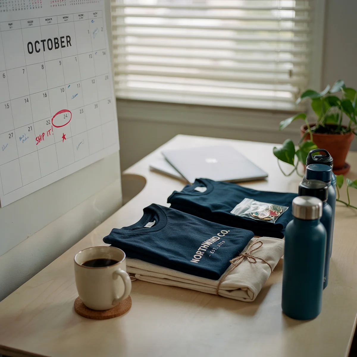 Desk with folded shirts, water bottles, a coffee cup, a laptop, and an October calendar marked 'SHIP IT!' on the 24th.