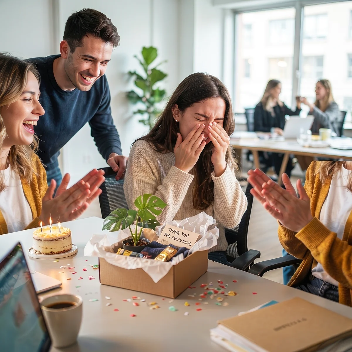 Woman crying with joy as coworkers surprise her with gifts and cake in an office celebration.