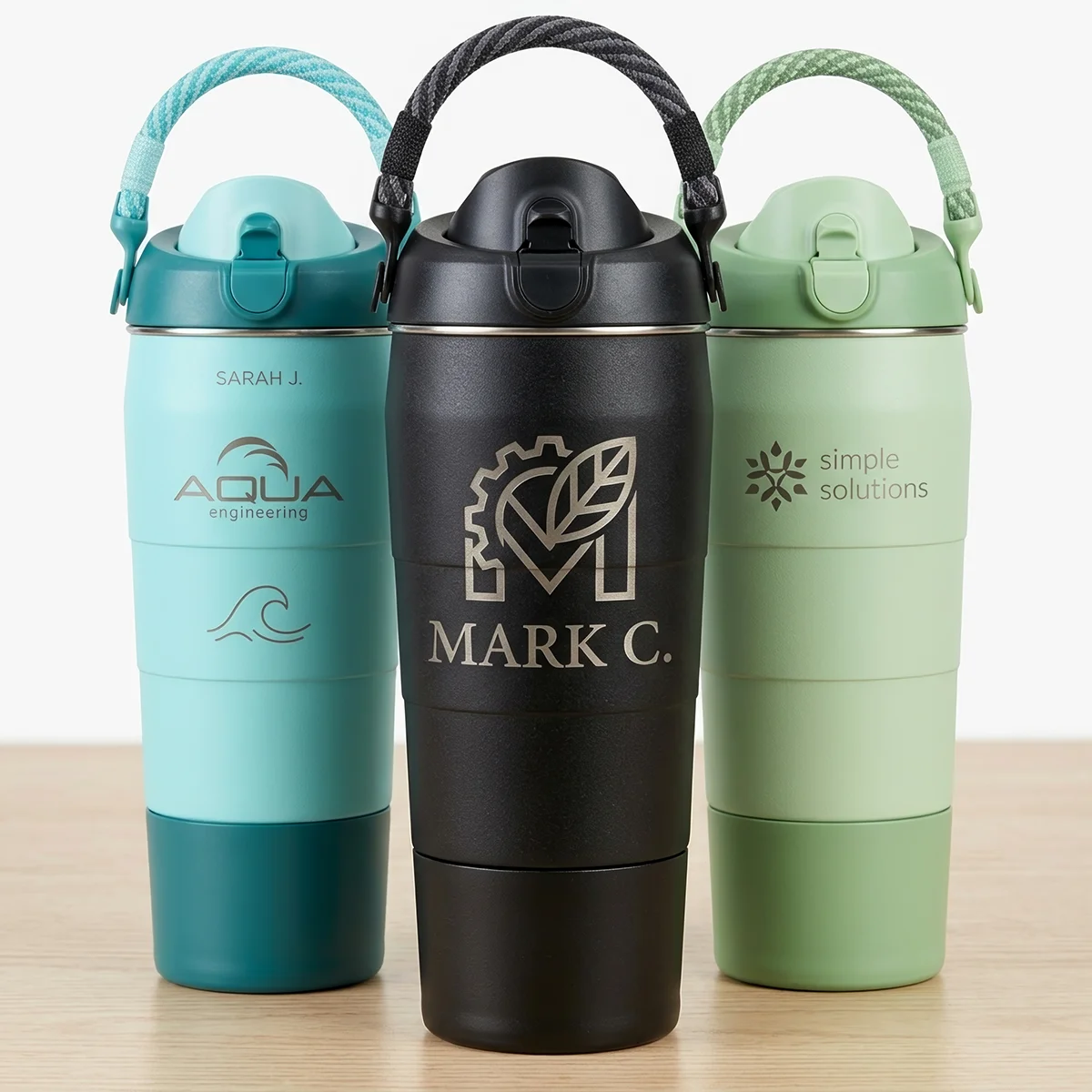 Three personalized tumblers in aqua, black, and green with logos and names on a wooden surface.