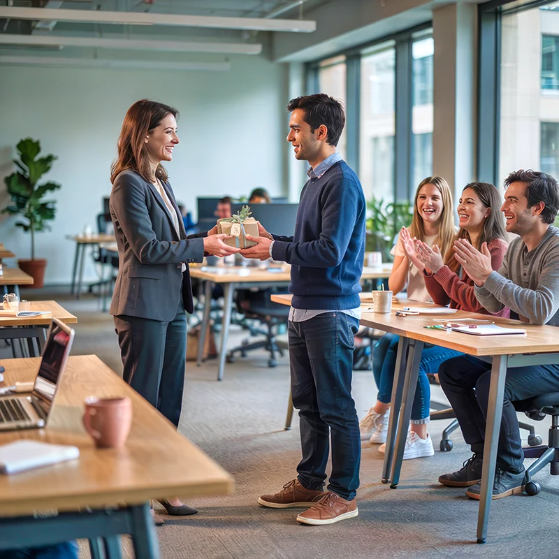 Man presents gift box to woman in office while colleagues clap and smile at a desk.