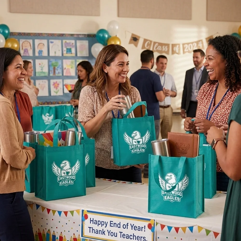 Teachers smiling and chatting by table with Eastwood Eagles gift bags at end-of-year event.