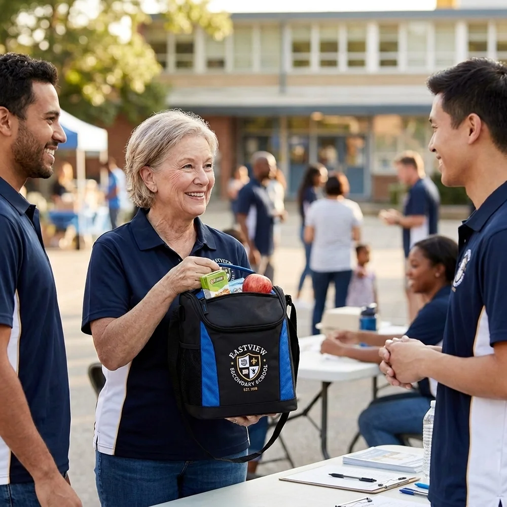 Smiling volunteers holding a black and blue Eastview Secondary School cooler with snacks outdoors.
