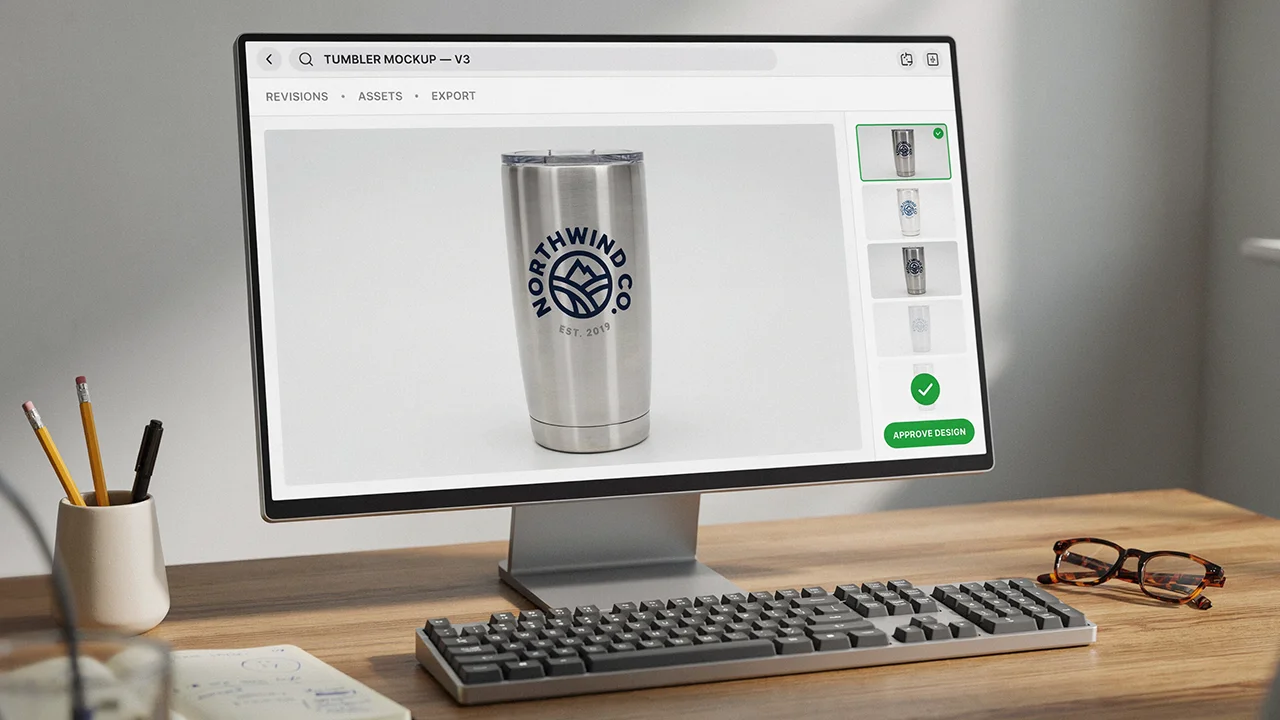 Desktop monitor shows a stainless steel tumbler design with Northwind Co. logo on a wooden desk with keyboard and glasses.