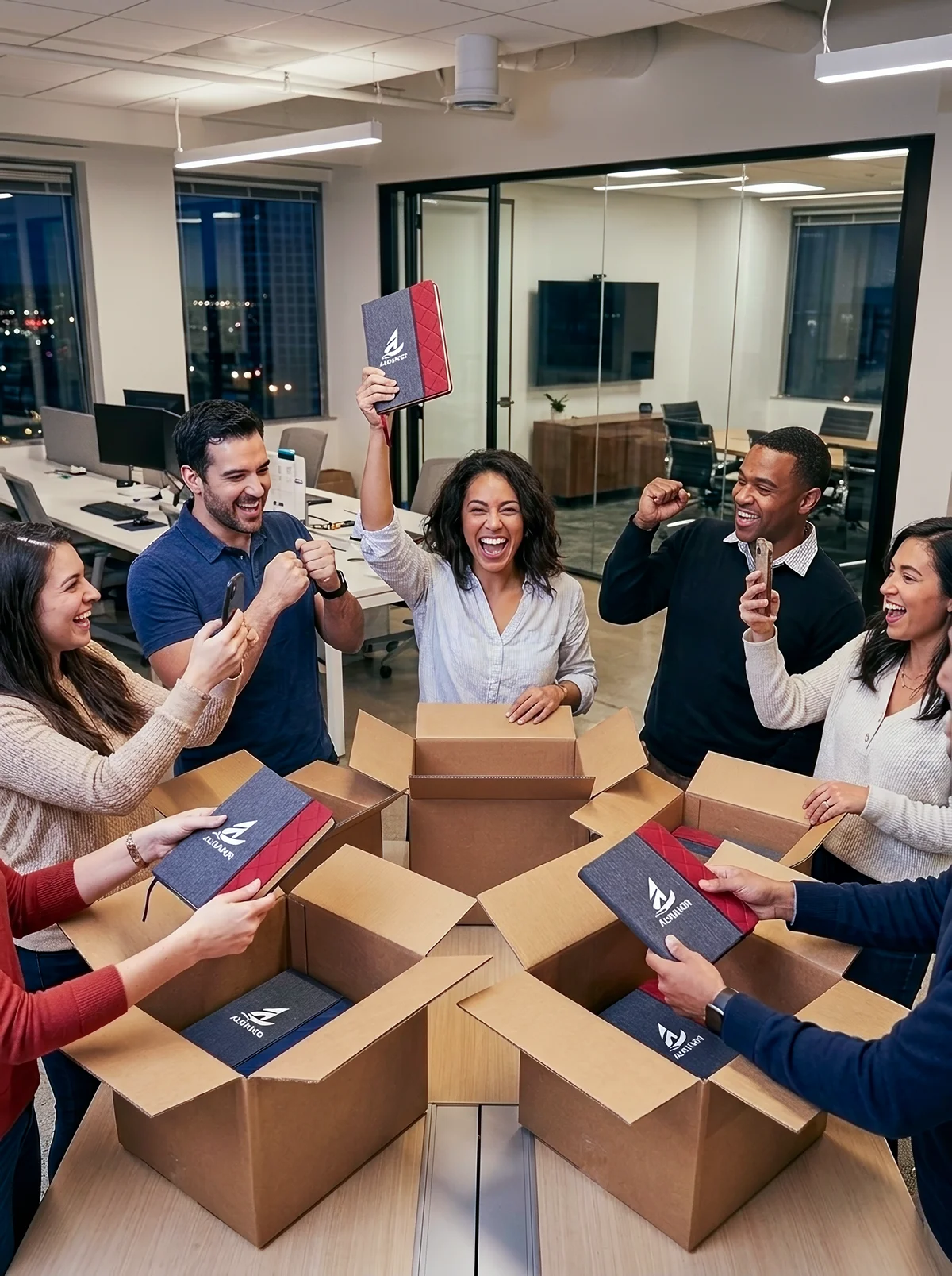 Six coworkers unpack branded notebooks in boxes, celebrating happily in an office setting.