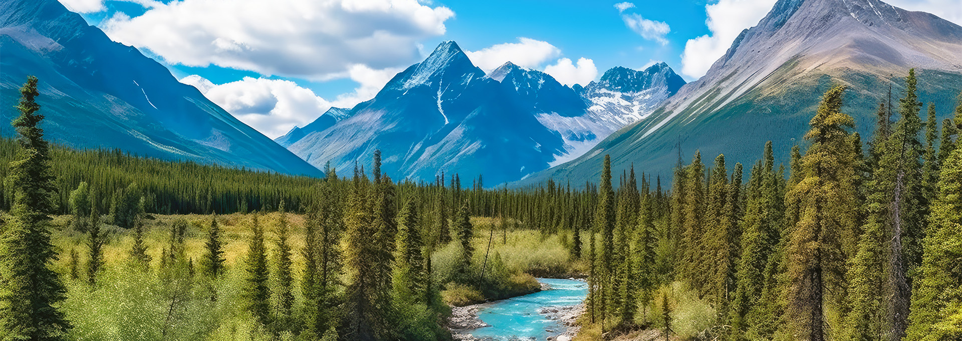 Arial photo of a river nested within the mountains with trees around.