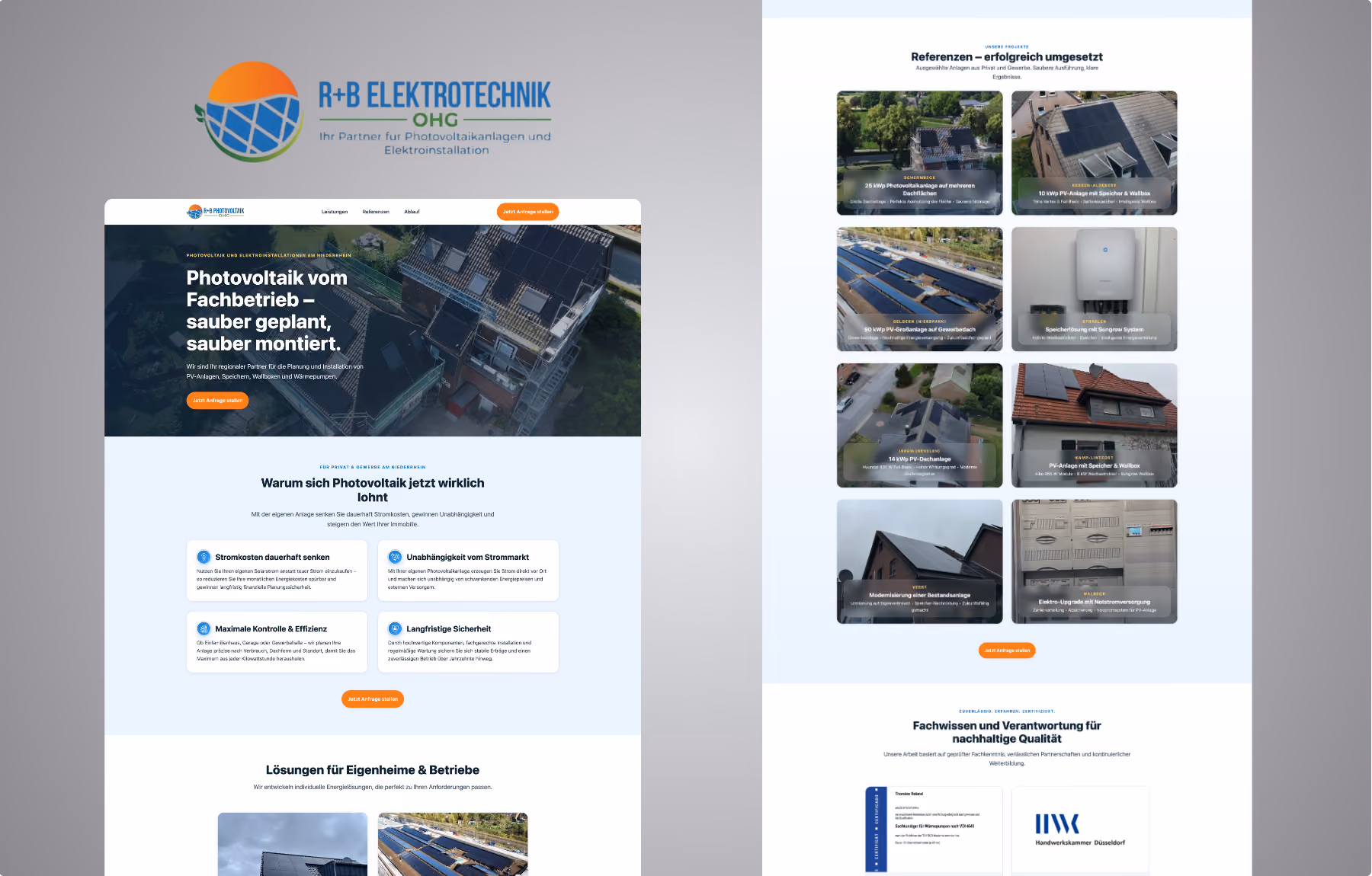 Screenshot der von Lars Thielen gestalteten Webseite f&uuml;r den Photovoltaik- und Elektrofachbetrieb R+B Elektrotechnik