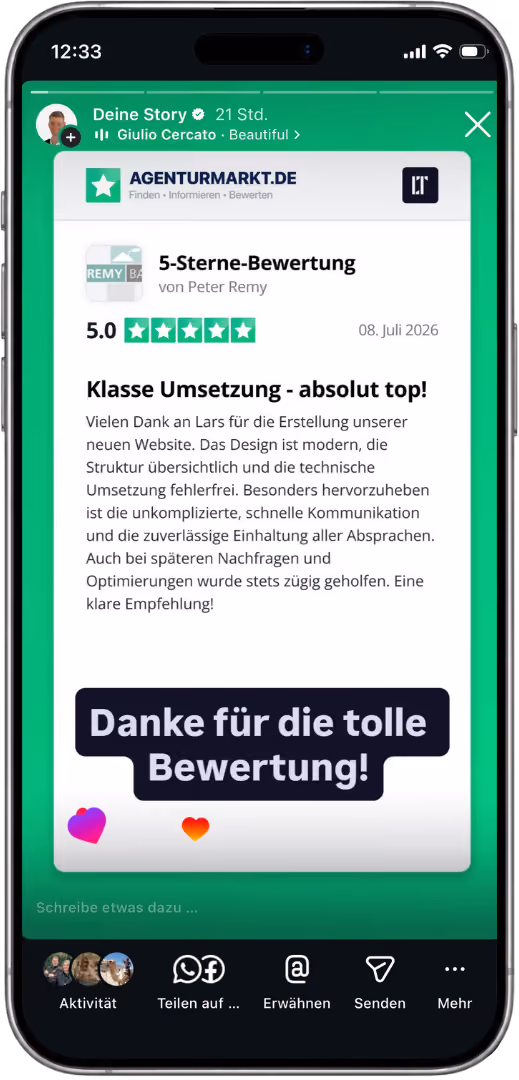 Screenshot einer Instagram-Story von Lars Thielen mit einer Kundenbewertung