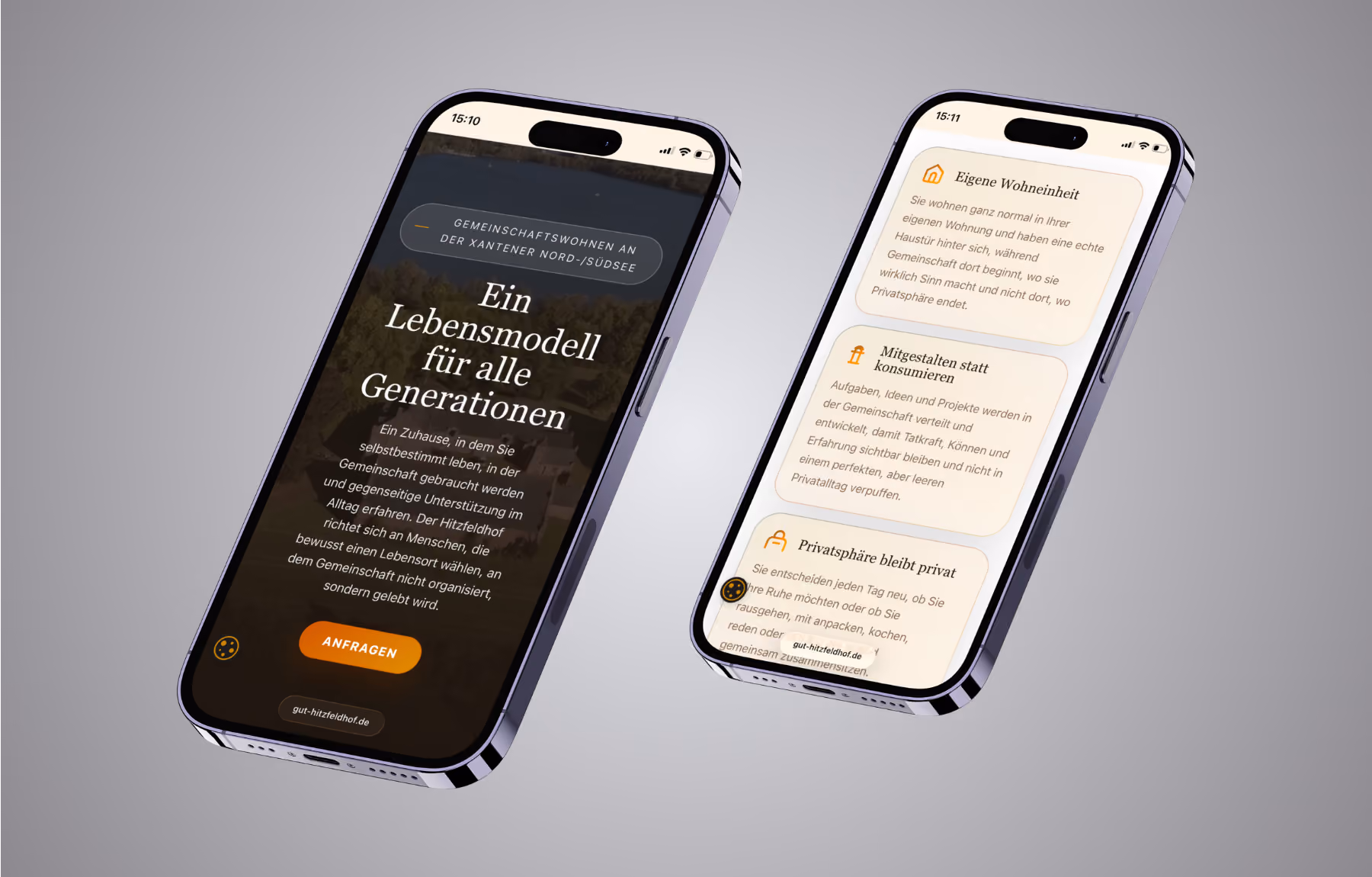 Screenshot der von Lars Thielen gestalteten Webseite f&uuml;r das Mehrgenerationen-Wohnprojekt Gut Hitzfeldhof, Ansicht aus dem Bereich &bdquo;Die Ausgangssituation&ldquo;